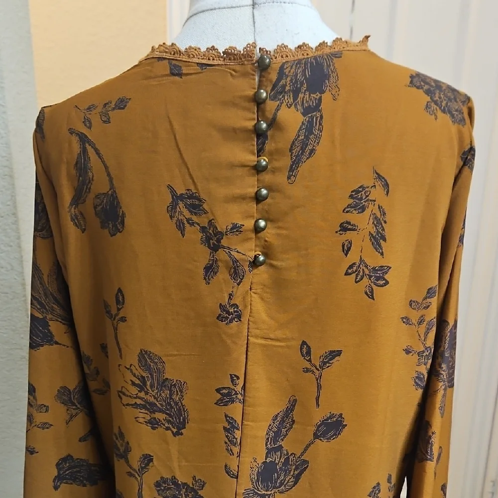 Altar'd State Golden and Blue Floral Long Sleeve Boho Dress with Crotchet Detail - Picture 6 of 8